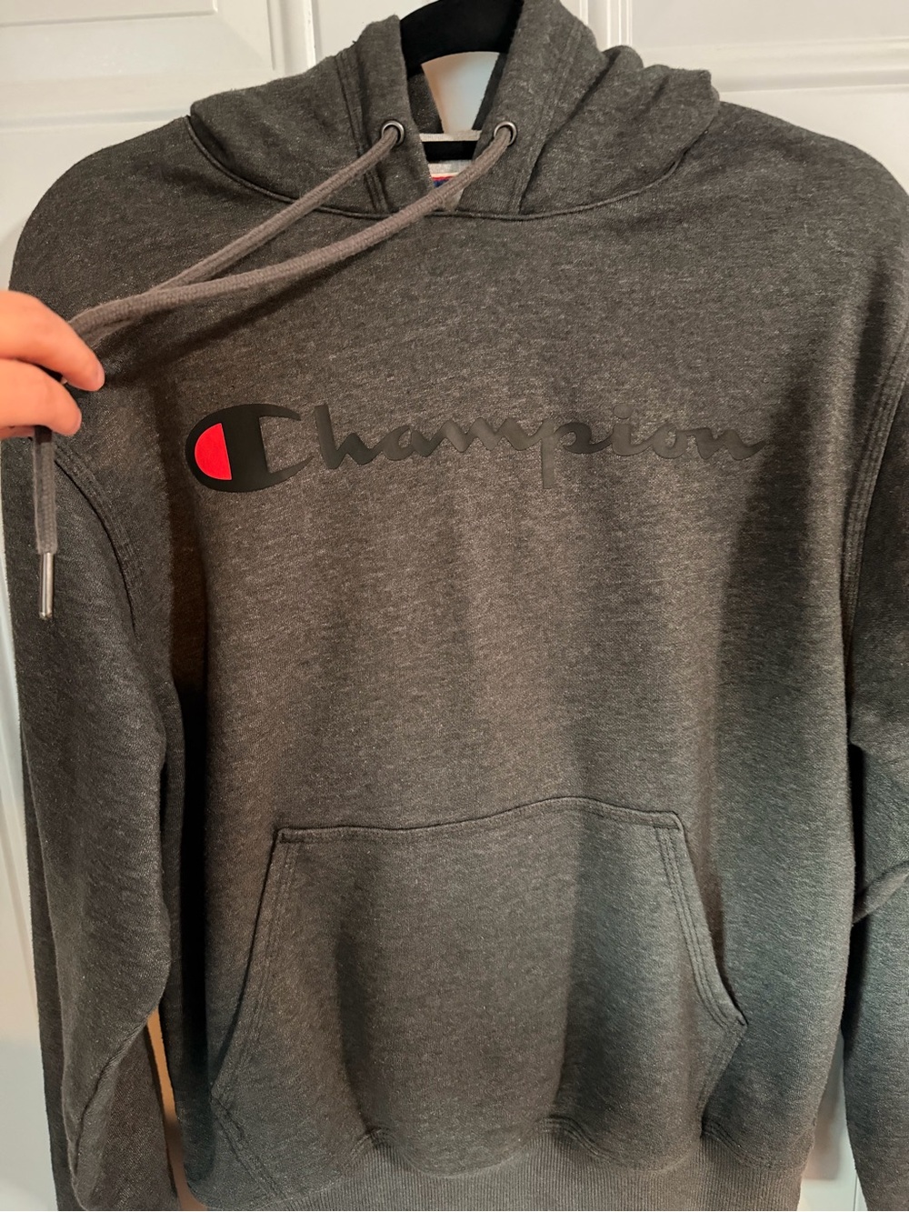 Champion Dark Gray Hoodie with Red Accent Logo